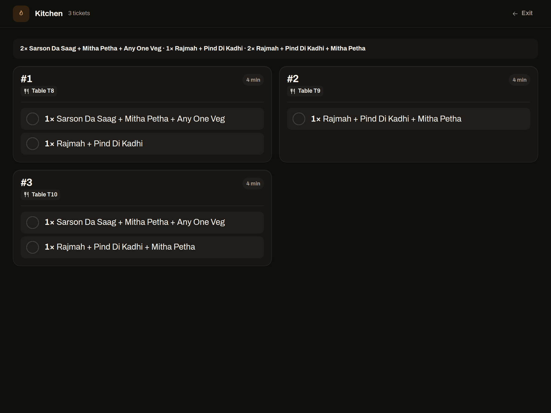 Thaalo kitchen screen with orders and timers
