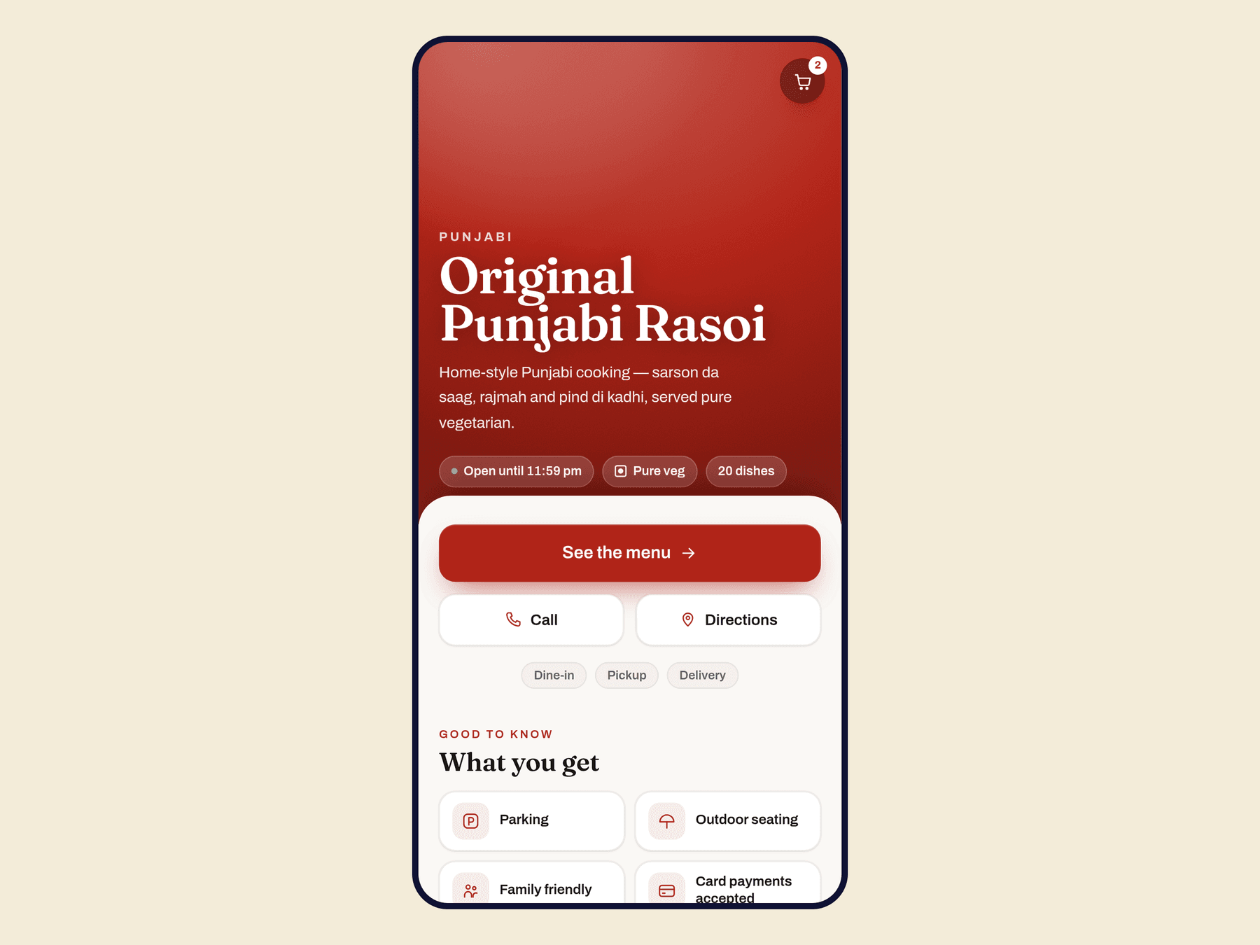 Thaalo ordering page with pickup and delivery switch