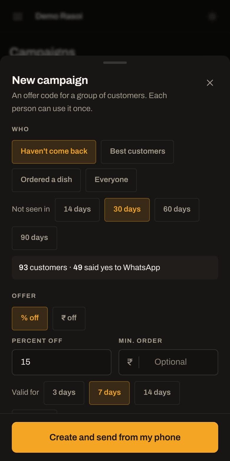 New campaign sheet in the staff app: guests not seen in 30 days, 15% off, valid 7 days, one code per person