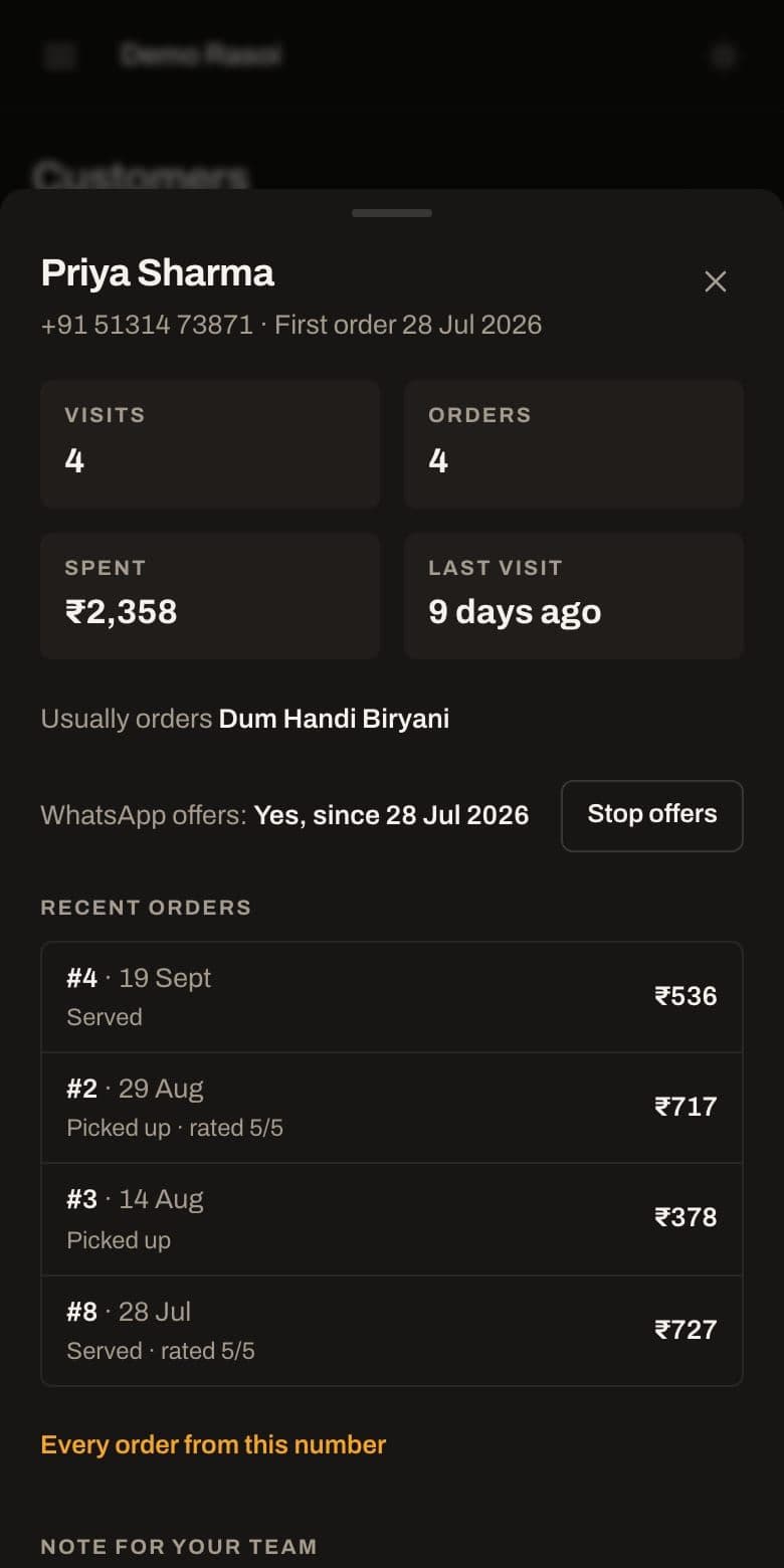 Customer card in the staff app: visits, spend, last visit, usual order and WhatsApp consent for one guest