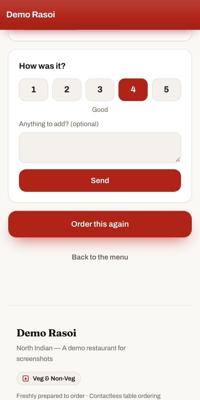 Rating card on a guest's order page after the meal, with 1 to 5 chosen and a comment box